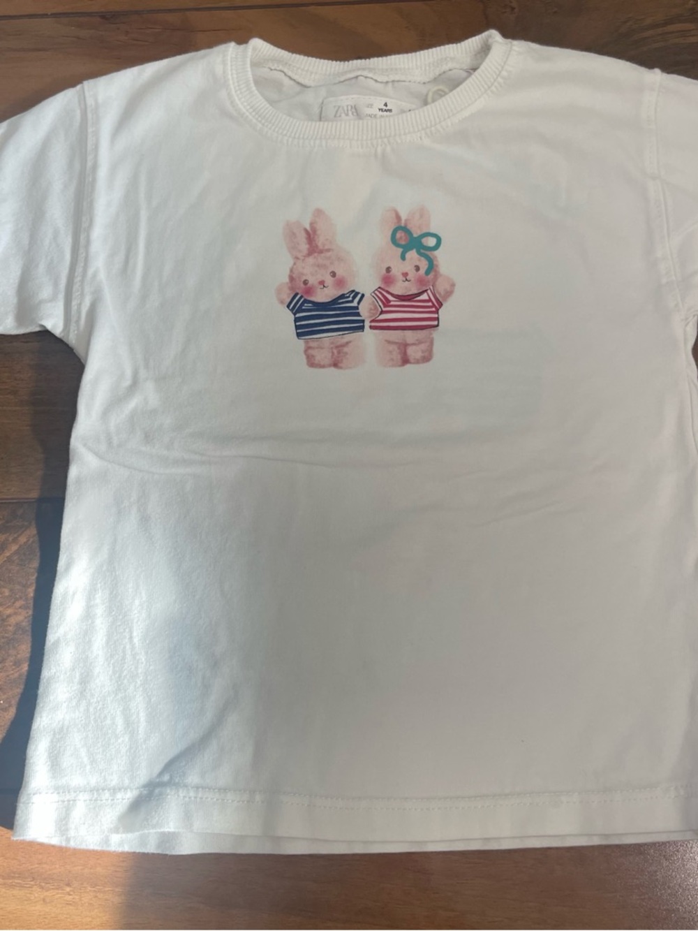 ZARA White Short-Sleeve Tee with Pink Bunny Pair